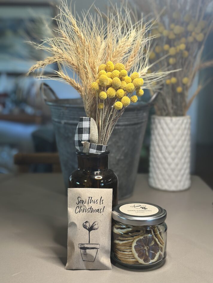 Paddock Posy Hamper - One Mixed Bunch of Billy Buttons and Wheat with Vase, Dried Garnish and Seeds (inc domestic postage)